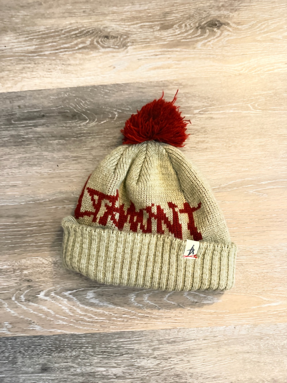 Altamont Knit Pom Beanie in Light Olive with Red Accents